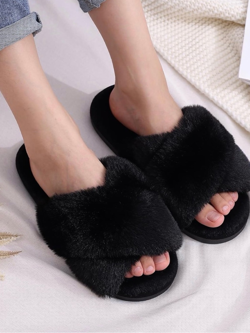 Black Faux Fur Slide Sandals for Women • 7-8